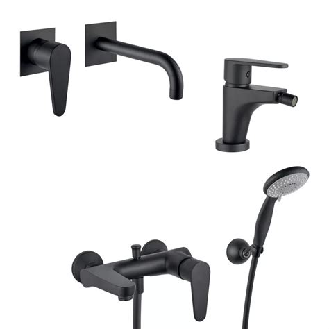 Set Miscelatori Lavabo A Muro Bidet Vasca In Ottone Nero Opaco