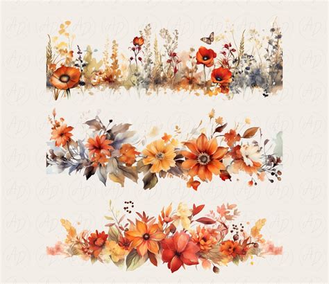 Fall Flower Border Clipart Watercolor Floral Borders Clip Art Etsy