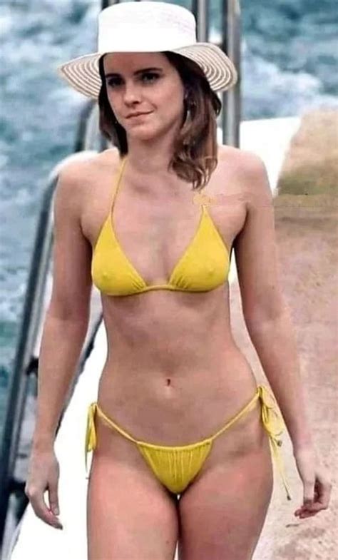 Sexy Emma Watson In Very Tiny Yellow Bikini Perfect Tits And Hard