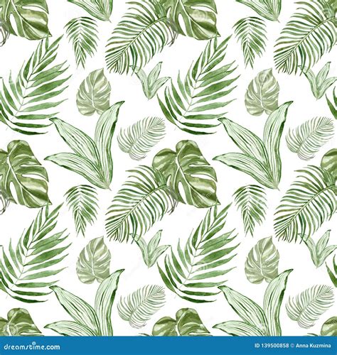 Watercolor Tropical Leaves Botanical Seamless Pattern With Plants