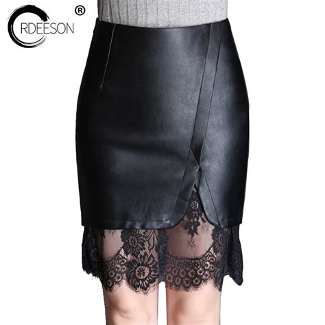 Ordeeson Knee Length Skirts Lace Patchwork Leather Skirt Plus Size Faux