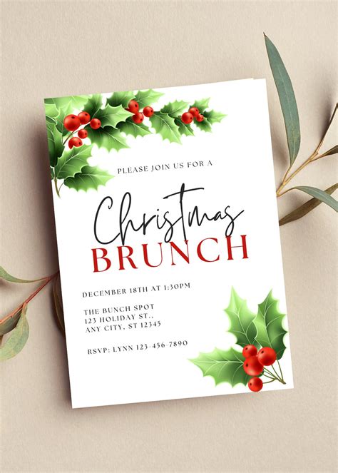 Editable Christmas Brunch Invitation Holiday Invite Holly Etsy