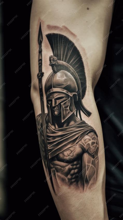 Premium Photo | Detailed Tattoo of a Spartan Legionary with Helmet and ...