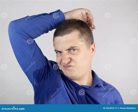 The Man Shows His Sweaty Armpits To the Camera. Close-up of Sweat Drops ...