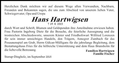 Traueranzeigen Von Hans Hartwigsen Sh Z Trauer