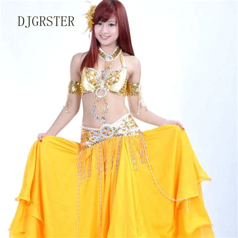 Djgrster Bellydance Costume 6pcs Suit Bead Bra Beltandskirt Hand Chain