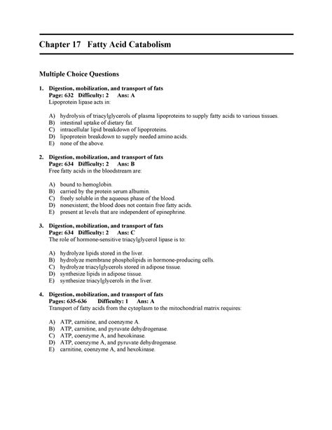 Chapter Seventeen - Multiple Choice Questions Digestion, mobilization