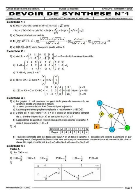 Bac Econmie et Gestion Math Devoir de synthèse n1 correction