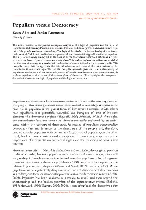 Populism vs democracy - aaaaaa - Populism versus Democracy Koen Abts and Stefan Rummens