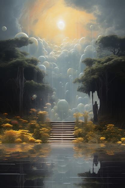 Premium Photo Painting Of A Stairway Leading To A Lake With A Sky