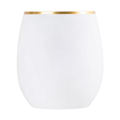 Ecoquality 12 Oz White Plastic Stemless Wine Glasses With Gold Rim