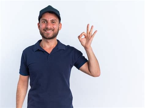 Sonriente Joven Repartidor Cauc Sico En Uniforme Azul Y Gorra Mirando A