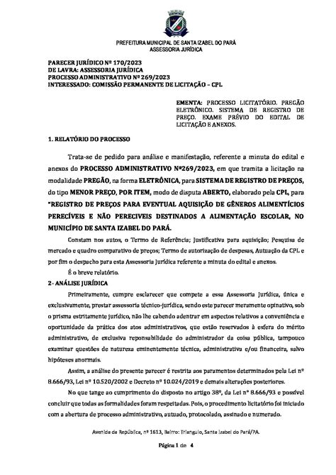 Parecer JurÍdico Nº 1702023 Minuta De Edital Pe Srp AlimentaÇÃo Escolar 1 Prefeitura