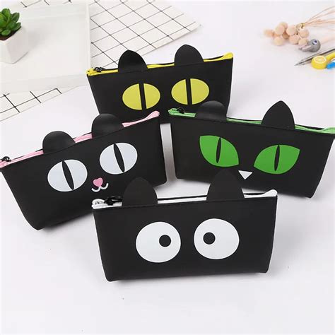 Trousse mignonne chat noir sac à crayons Silicone étanche fournitures