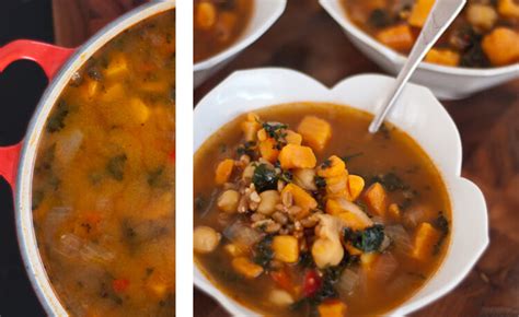 Vegan Sweet Potato Kale And Chickpea Soup With Farro