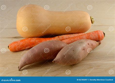 Raw Uncooked Yams Carrots And Butternut Squash Stock Image Image Of