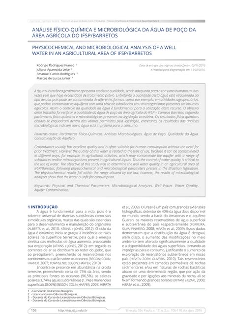 Pdf AnÁlise FÍsico QuÍmica E MicrobiolÓgica Da Água De PoÇo Da Área