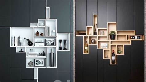 two shelves with various items on them in different shapes and sizes, one is made out of wood