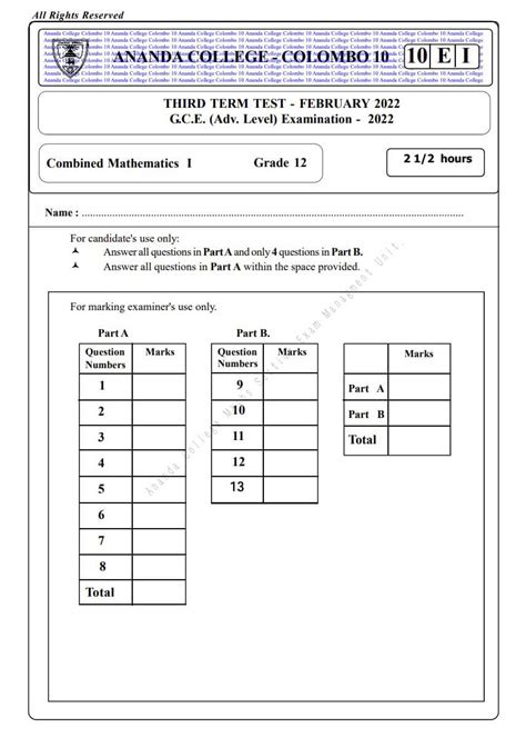 Combined Mathematics Grade Term Test Papers English Medium