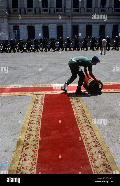 Shah of Iran, his state funeral. Rolling out the red carpet for the military parade. Cairo ...