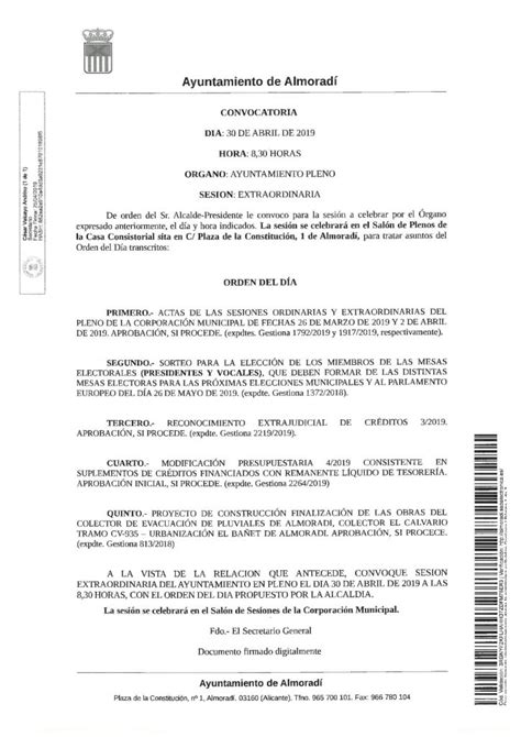 Convocatoria De Pleno Extraordinario Ayto Almoradi