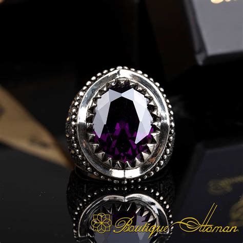 Amethyst Oval Hand Engraved Silver Ring Boutique Ottoman Exclusive