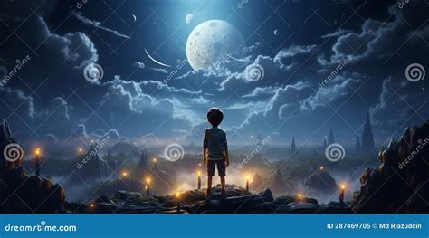 A Cartoon Boy Looking at the Moon in the Night Anime Art Stock Illustration - Illustration of ...