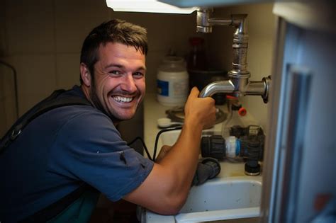 Male Plumber Repairing Water Pipes In Kitchen Premium Ai Generated Image