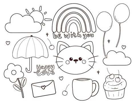 Premium Vector Coloring Page Cartoon Kawaii Sticker Set Cute Sticker