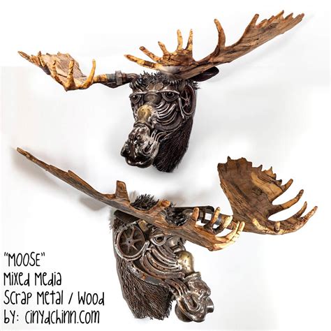 Scrap metal moose made with hand carved antlers by Cindy Chinn