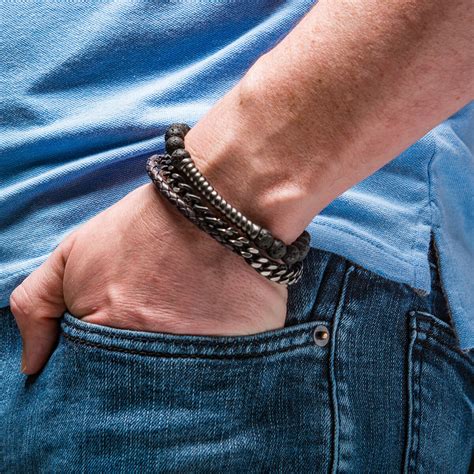 Collaboration Mens Bracelet Stack With Black Onyx Steel And Leather