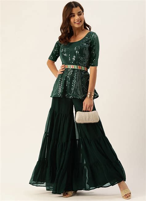 Buy Green Embroidered Peplum Top N Palazzo Set Festive Wear Online At