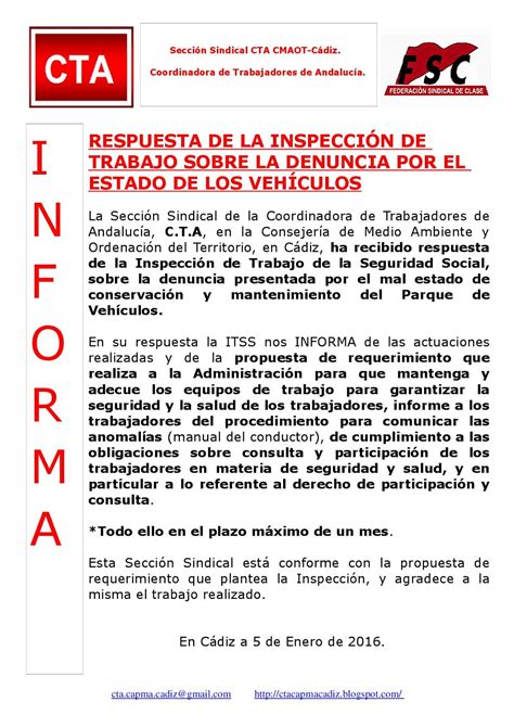 Sindicato Cta En La Provincia De C Diz Respuesta De La Inspecci N De