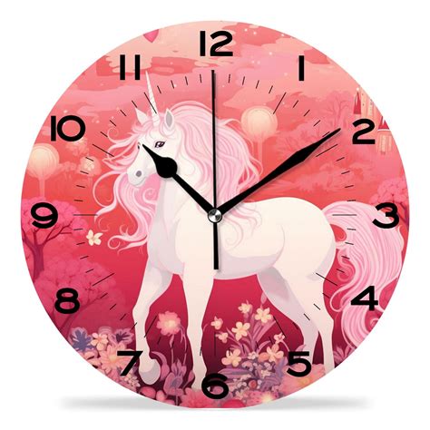 Xiageana 12 Inch Wall Clock Silent Non Ticking Cartoon Unicorn Cloud Pink Rainbow Star Pink