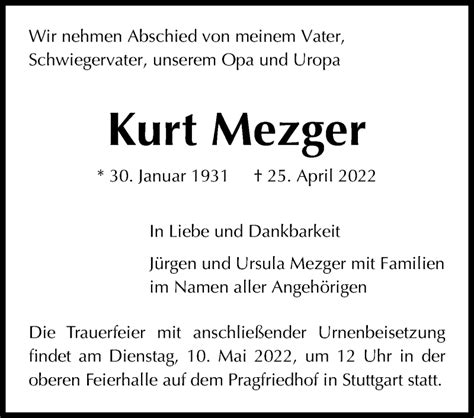 Traueranzeigen Von Kurt Mezger Stuttgart Gedenkt De