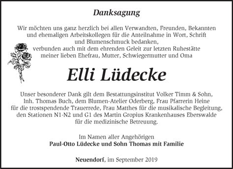 Traueranzeigen Von Elli L Decke M Rkische Onlinezeitung Trauerportal