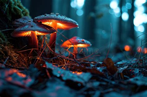 Fantasy Glowing Mushrooms In Mystery Dark Forest At Night The Magical