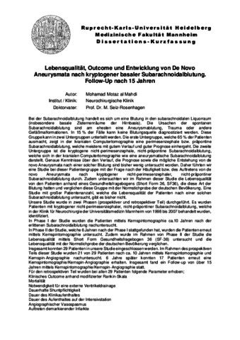 Lebensqualit T Outcome Und Entwicklung Von De Novo Aneurysmata Nach