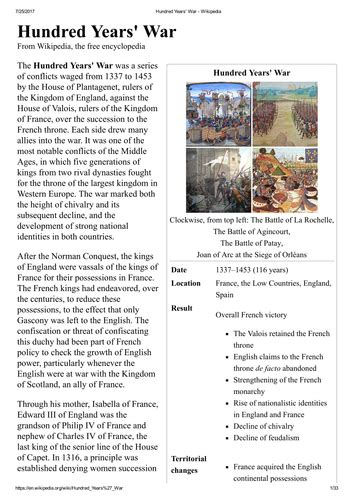 Hundred Years' War Timeline Lesson | Teaching Resources