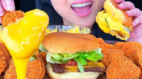 Asmr Cheesy Spicy Fried Chicken Nuggets And Cheeseburger Cheese Sauce