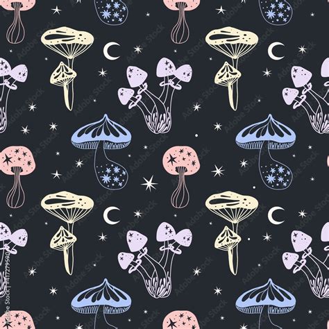 Space Mushrooms Seamless Pattern Hand Drawn Line Pastel Colored