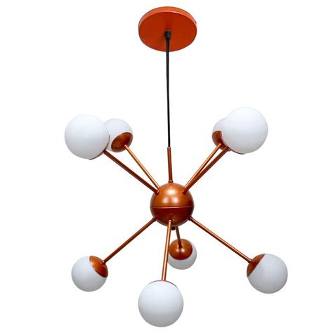 Lustre Pendente Sputnik Átomo Cobre 8 Hastes Globos Vidro Leitoso