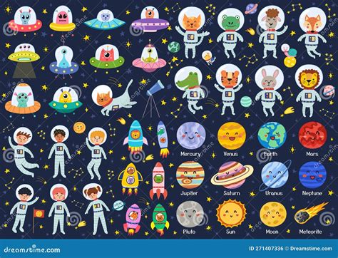 Big Space Collection with Cute Characters. Space Bundle in Cartoon Style Stock Vector ...