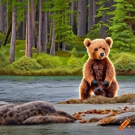 Teddy Bears In A Realistic Canadian Landscape By A River On Craiyon