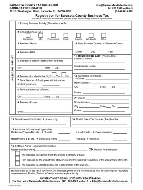 Fillable Online Sarasota County Business Tax Registration Form