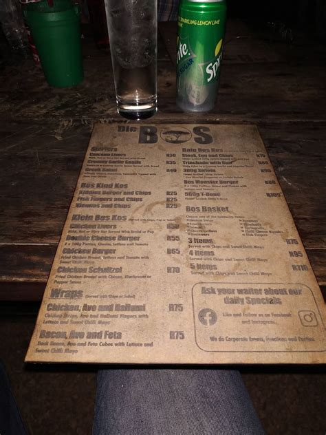speisekarte von die bos restaurant function venue pretoria