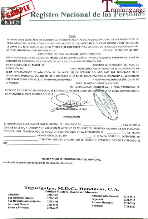 Death Certificate Honduras Iii Tranlanguage Certified Translations