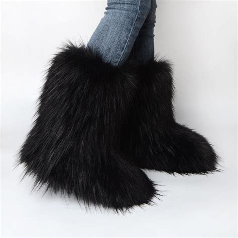 Faux Fur Boots For Women Fuzzy Fluffy Furry Round Toe Winter Snow Boots