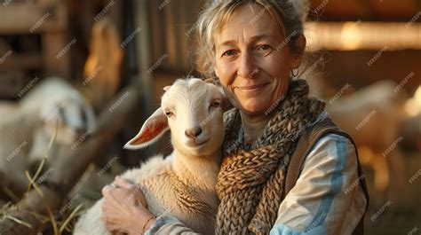 Premium Photo Portrait Of A Middle Aged Woman Holding Goat In Her Lap In Front Of Her Farm