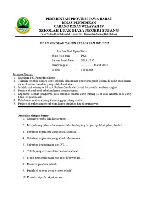 Soal Ujian Sekolah Mata Pelajaran Pkn Smalb Pdf